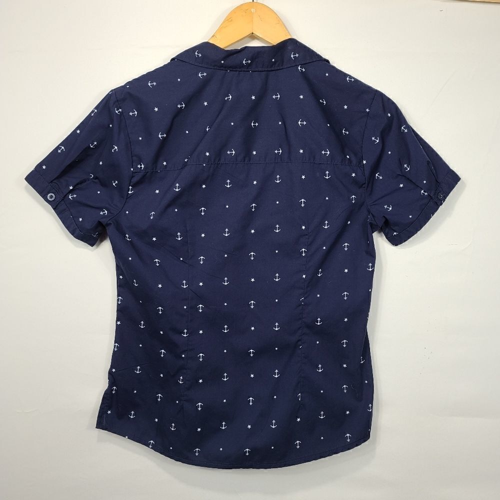 Basic Edition Blue Women's Button Down Anchor Top - image 6